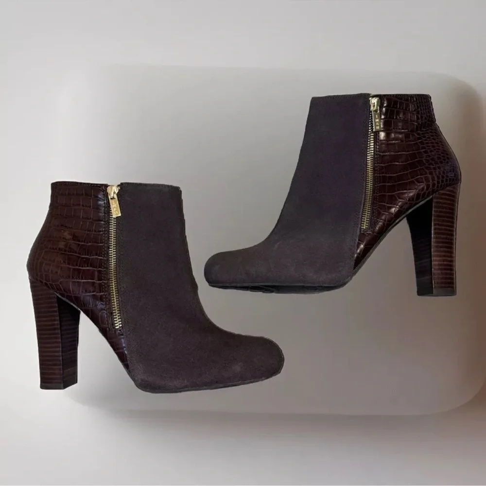 Iman Brown Boots Sz 10 Zip Up 4'' High Heel Ankle Reptile Bootie Party Office